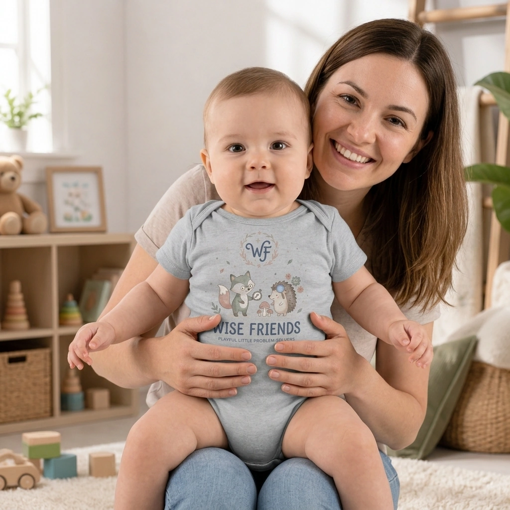 Sunlit nursery interior with natural wooden shelves and play accessories