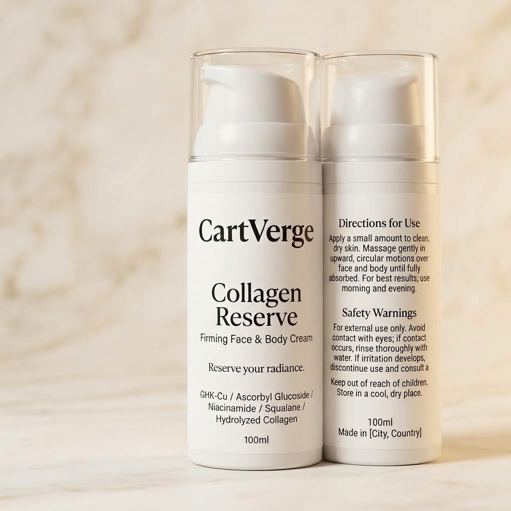 CartVerge laboratory bottle packaging for active facial rejuvenation on warm travertine stone