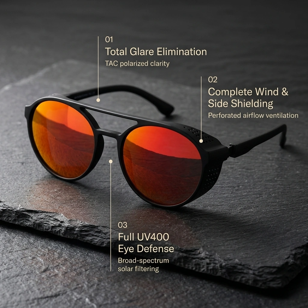 Polarized glare defense with ventilated side shields