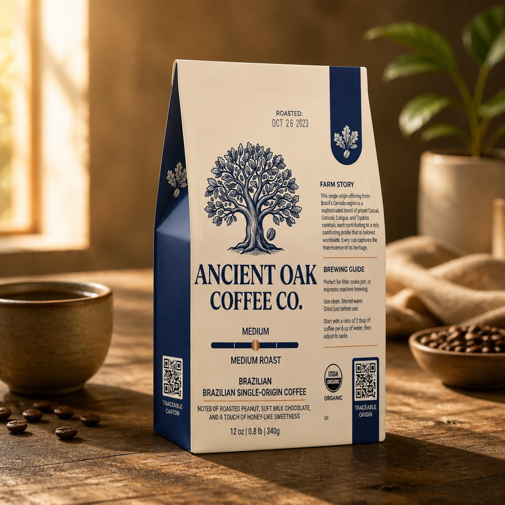 Ancient Oak coffee carton resting on wooden counter in morning window light