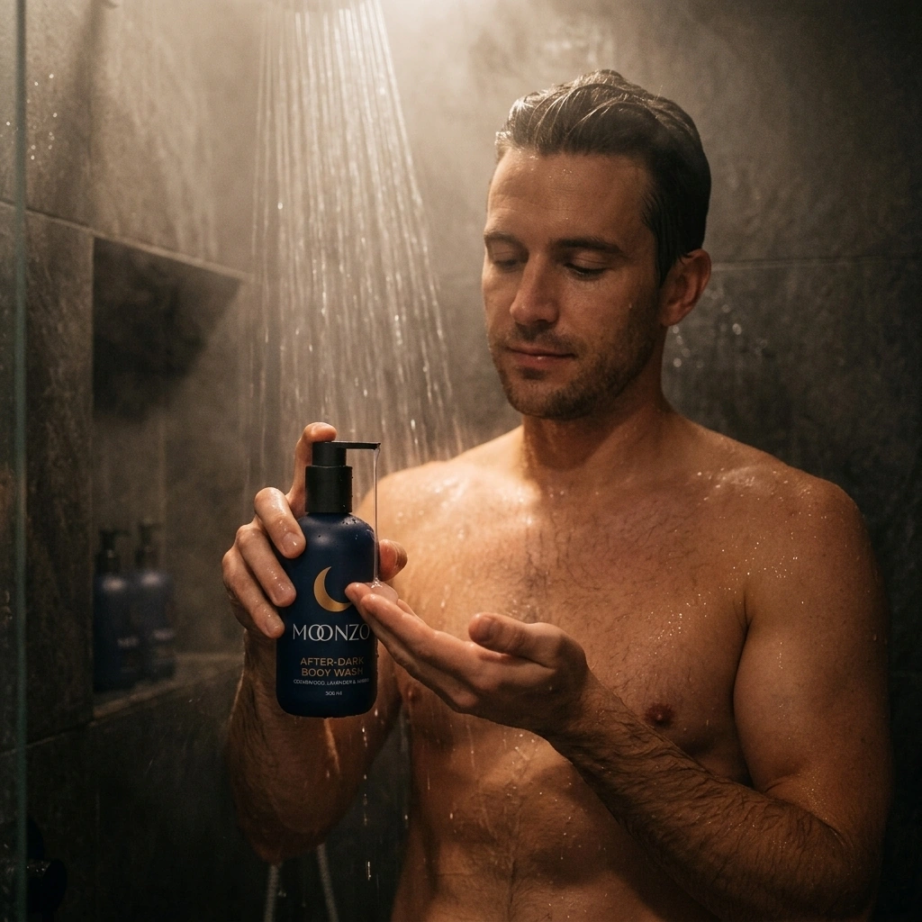 A man using After-Dark Body Wash in the shower