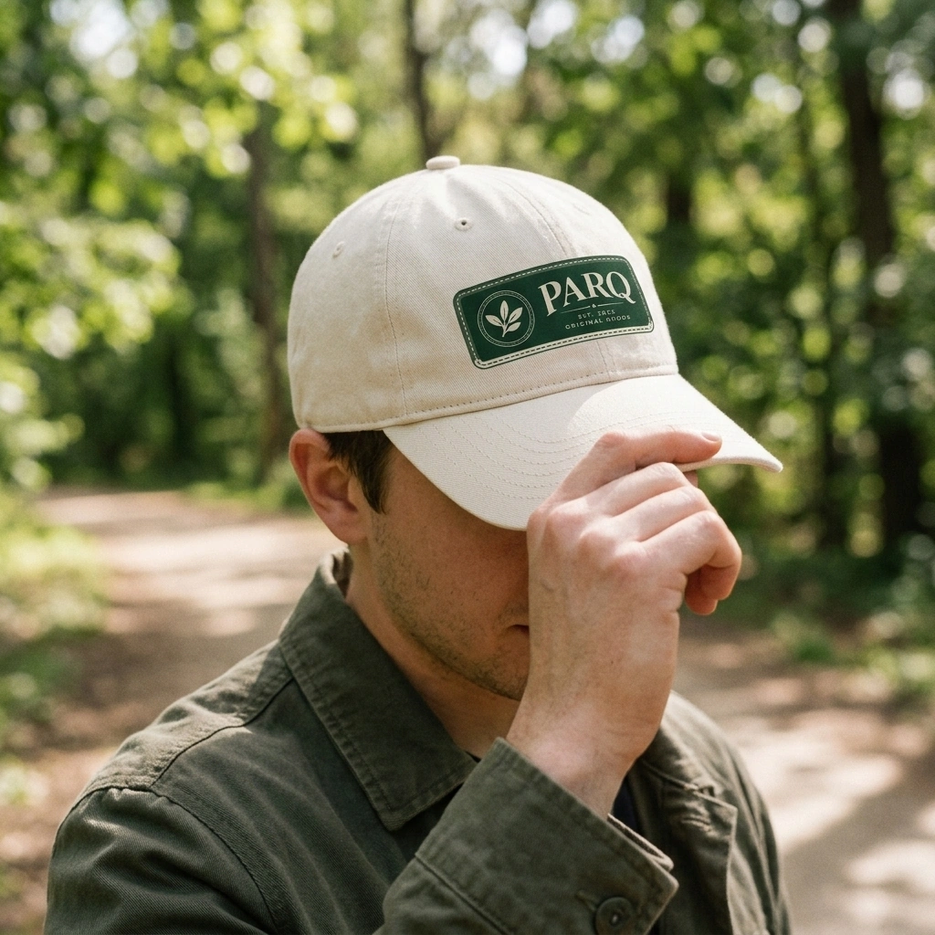 Access Cap in ecru cotton twill with the green PARQ patch