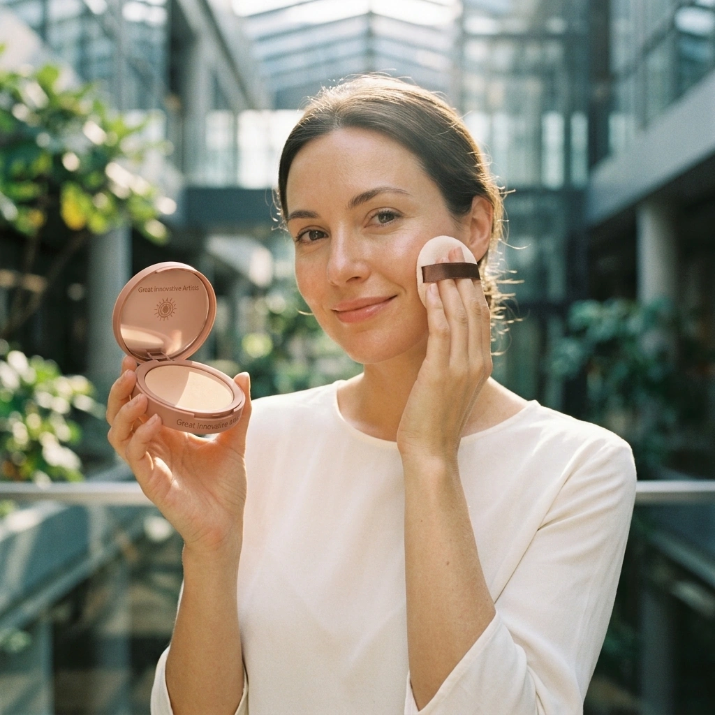 Application of Solar Veil mineral compact over finished makeup