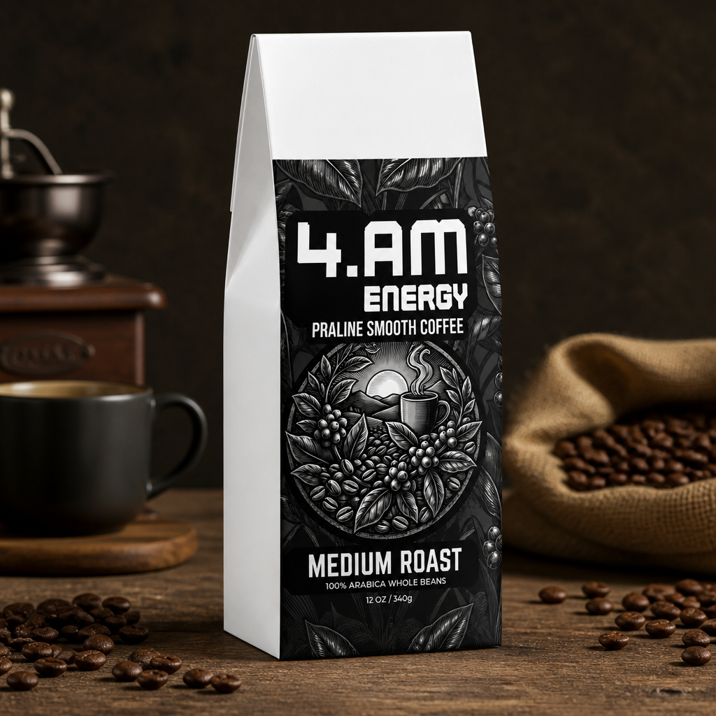 Praline Smooth Coffee carton beside beans and grinder