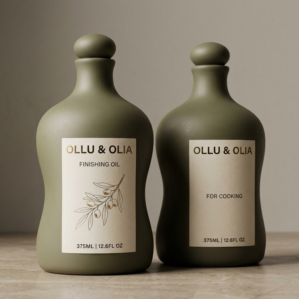 Ollu & Olia matte ceramic olive oil cruets on natural stone