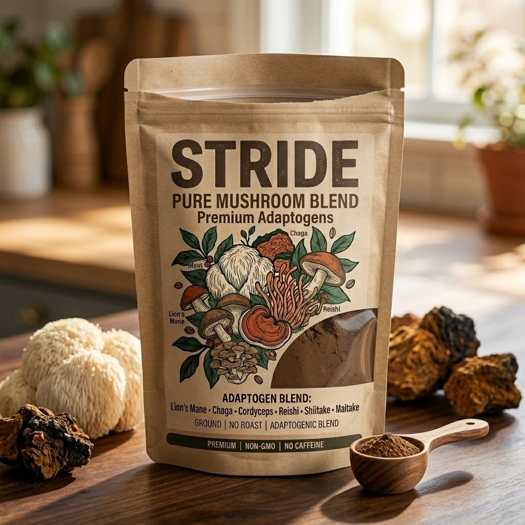 STRIDE Pure Mushroom Blend and daily essentials on kitchen surface