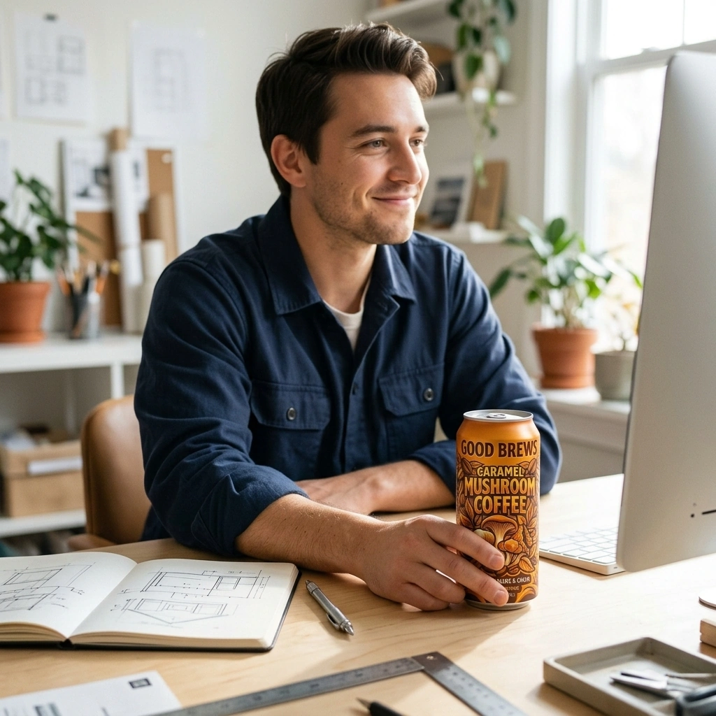 Caramel Mushroom Coffee with rich caramel flavor, ready to drink