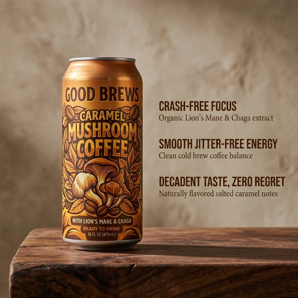 Caramel Mushroom Coffee with rich caramel flavor, ready to drink