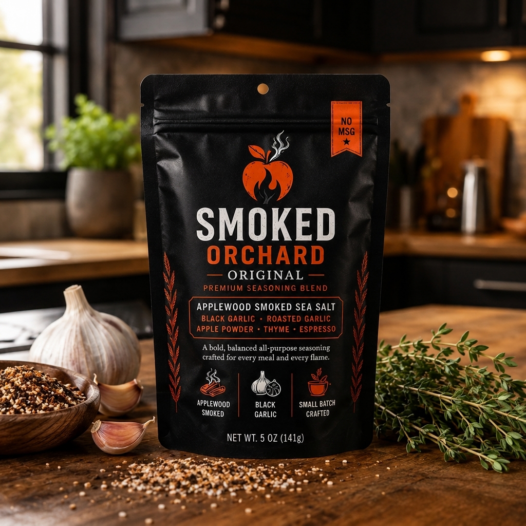 Smoked Orchard Original blend on dark timber cutting board with roasted garlic and sprigs of fresh thyme