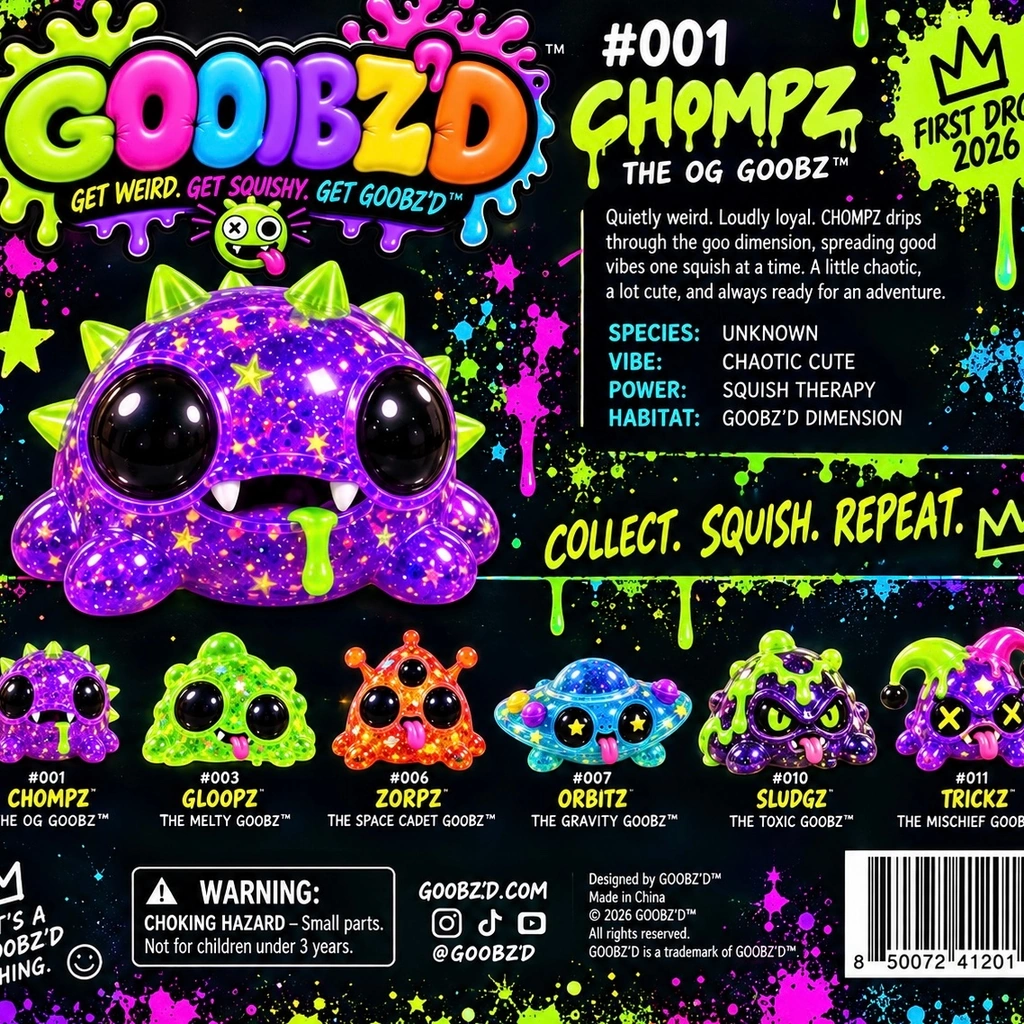 GOOBZ’D tactile creature figure showcased on a dramatic stage