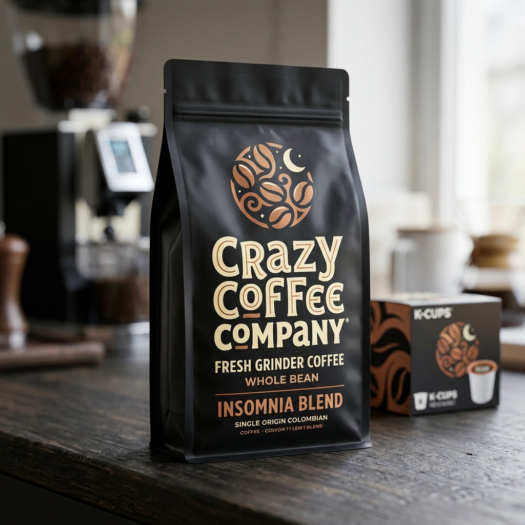 Crazy Coffee Co single-origin roast pouch on a dark counter
