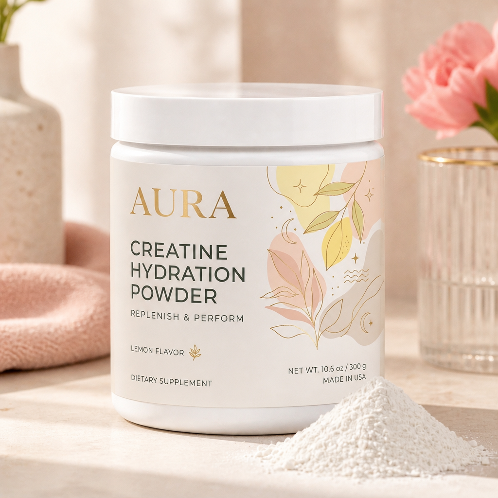 AURA Daily Creatine with its original floral packaging on a soft neutral tabletop
