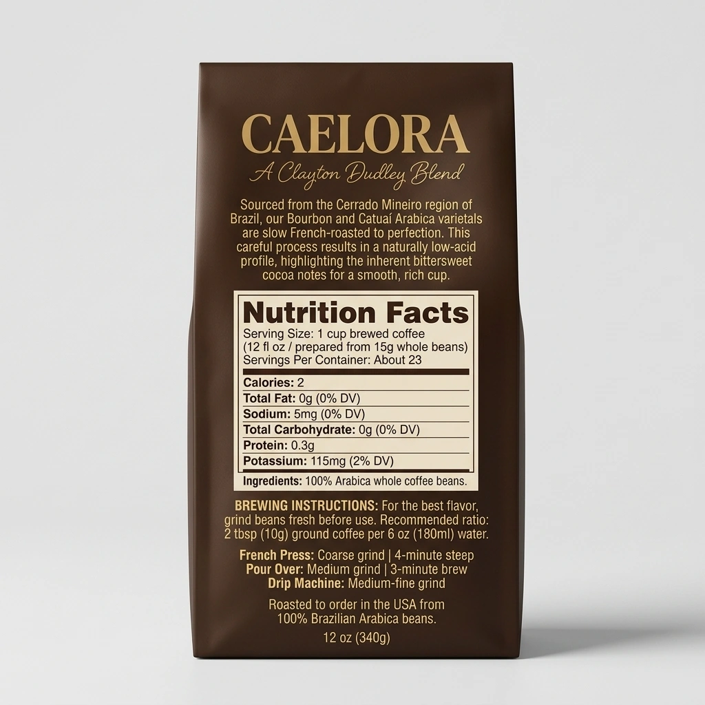 CAELORA Reserve: Brazilian Single-Origin Dark Roast (Naturally Sweet Bittersweet Cocoa & Toasted Hazelnut)