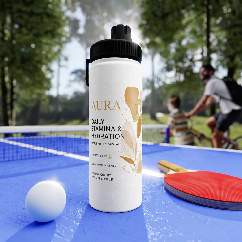 AURA Daily Shaker Bottle with its original artwork in an active outdoor setting