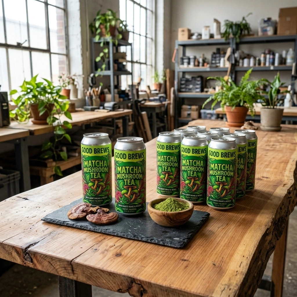 Matcha Mushroom Tea, ready to drink with crisp matcha flavor
