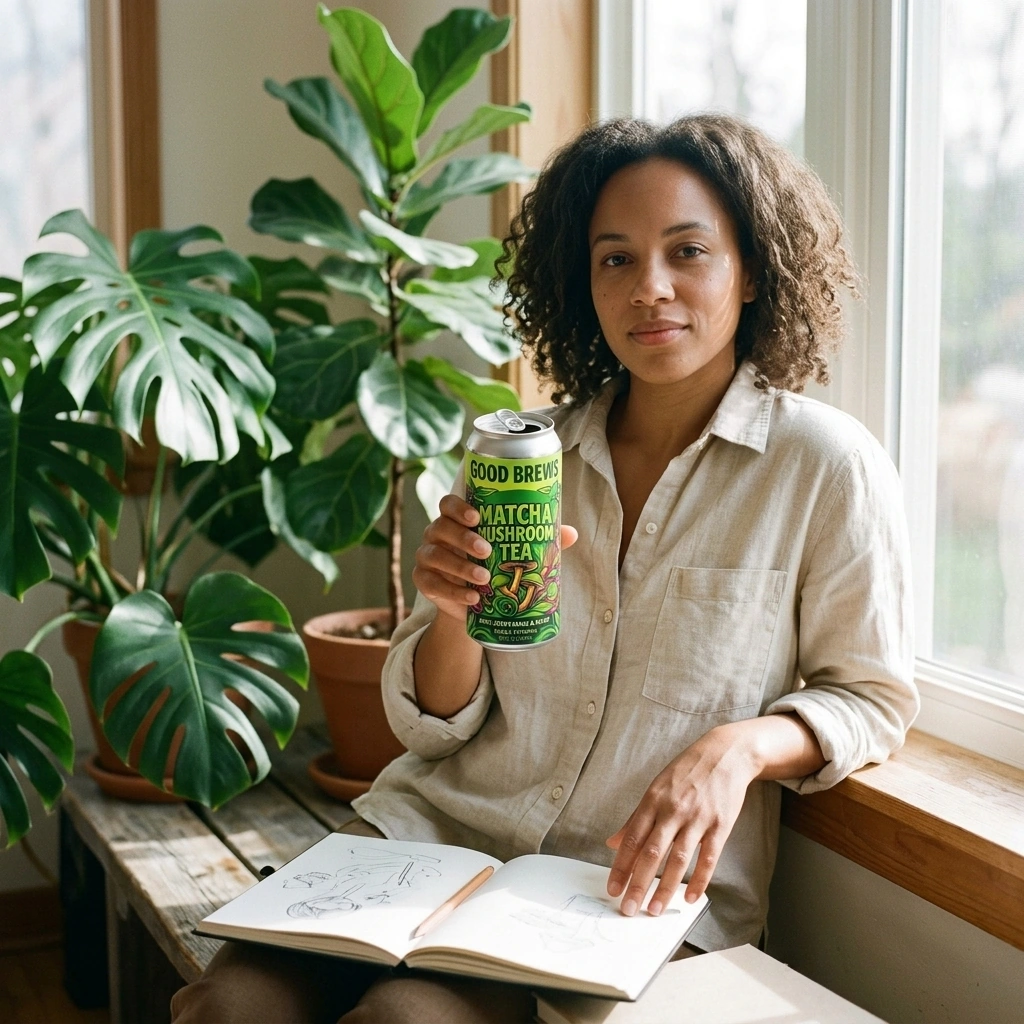 Matcha Mushroom Tea, ready to drink with crisp matcha flavor