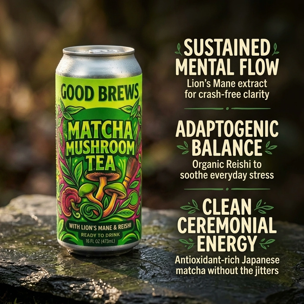 Matcha Mushroom Tea, ready to drink with crisp matcha flavor