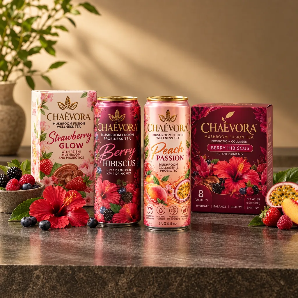 CHAÉVORA Strawberry Glow and Berry Hibiscus tea boxes alongside Berry Hibiscus and Peach Passion cans in a premium still life.
