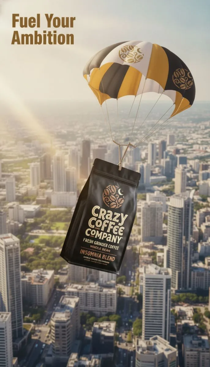 Crazy Coffee Co coffee pouch overlooking a city