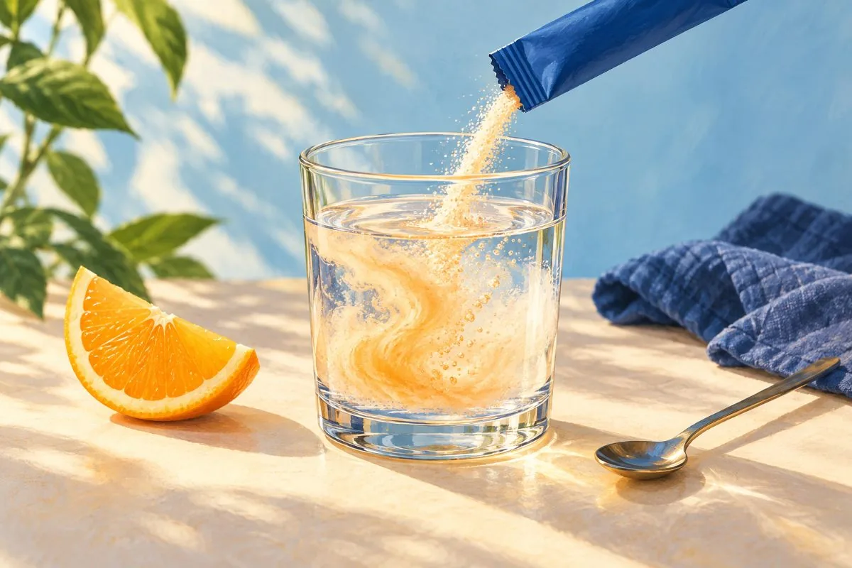 Illustration of powder pouring from a blue stick into a glass of water beside an orange wedge.