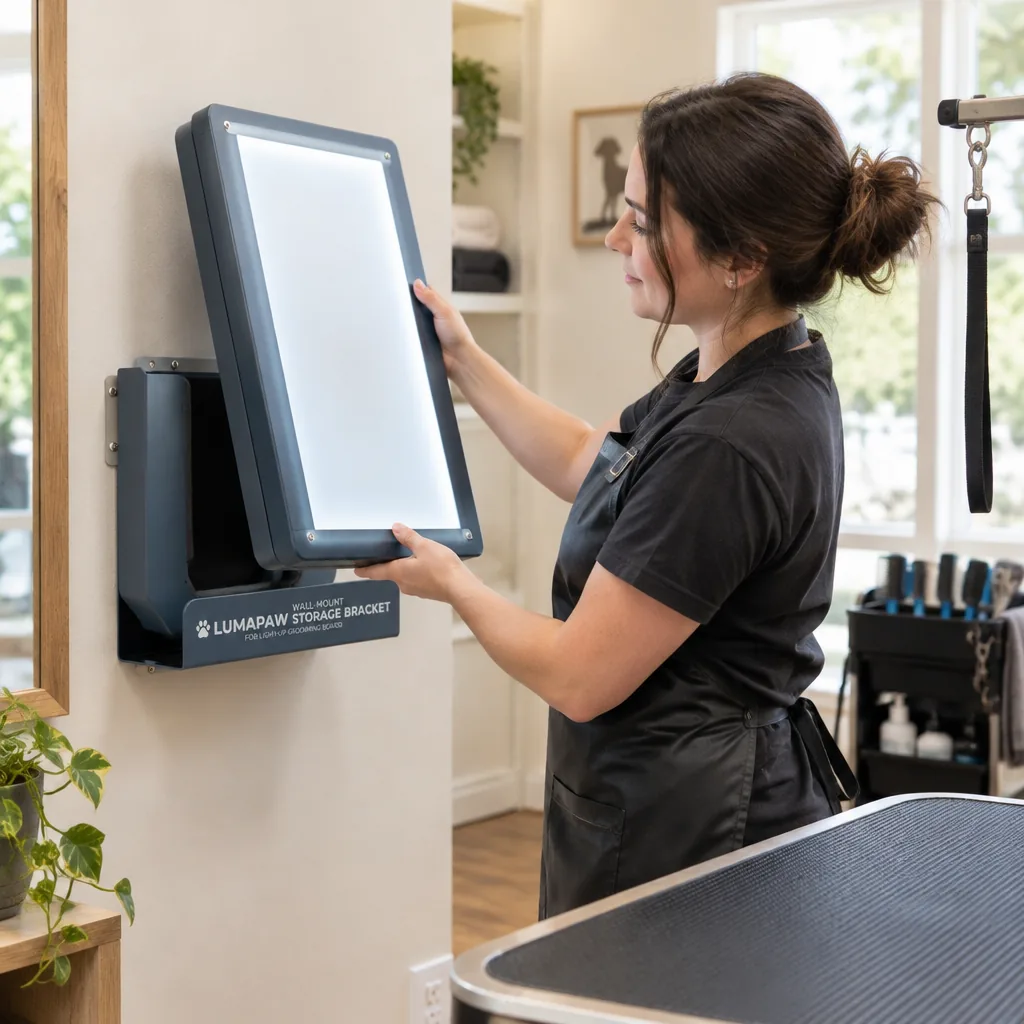 Wall-mounted storage bracket holding the grooming board in a grooming salon setting