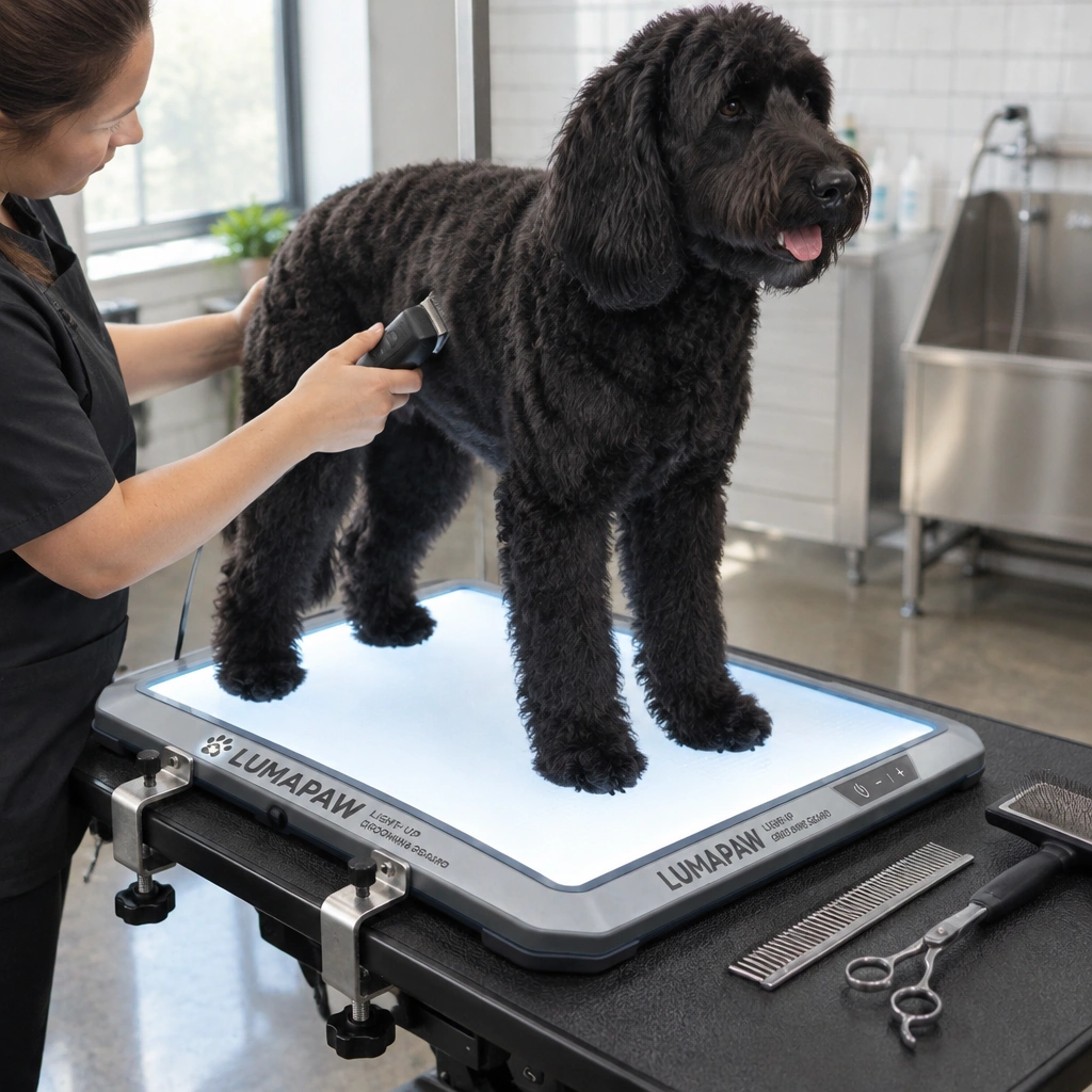 LumaPaw Light-Up Grooming Board clamped to table emitting soft white light