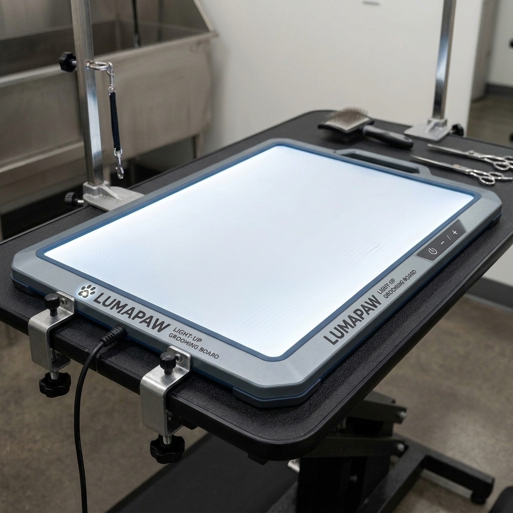 Light-Up Grooming Board clamped to a black grooming table, glowing white