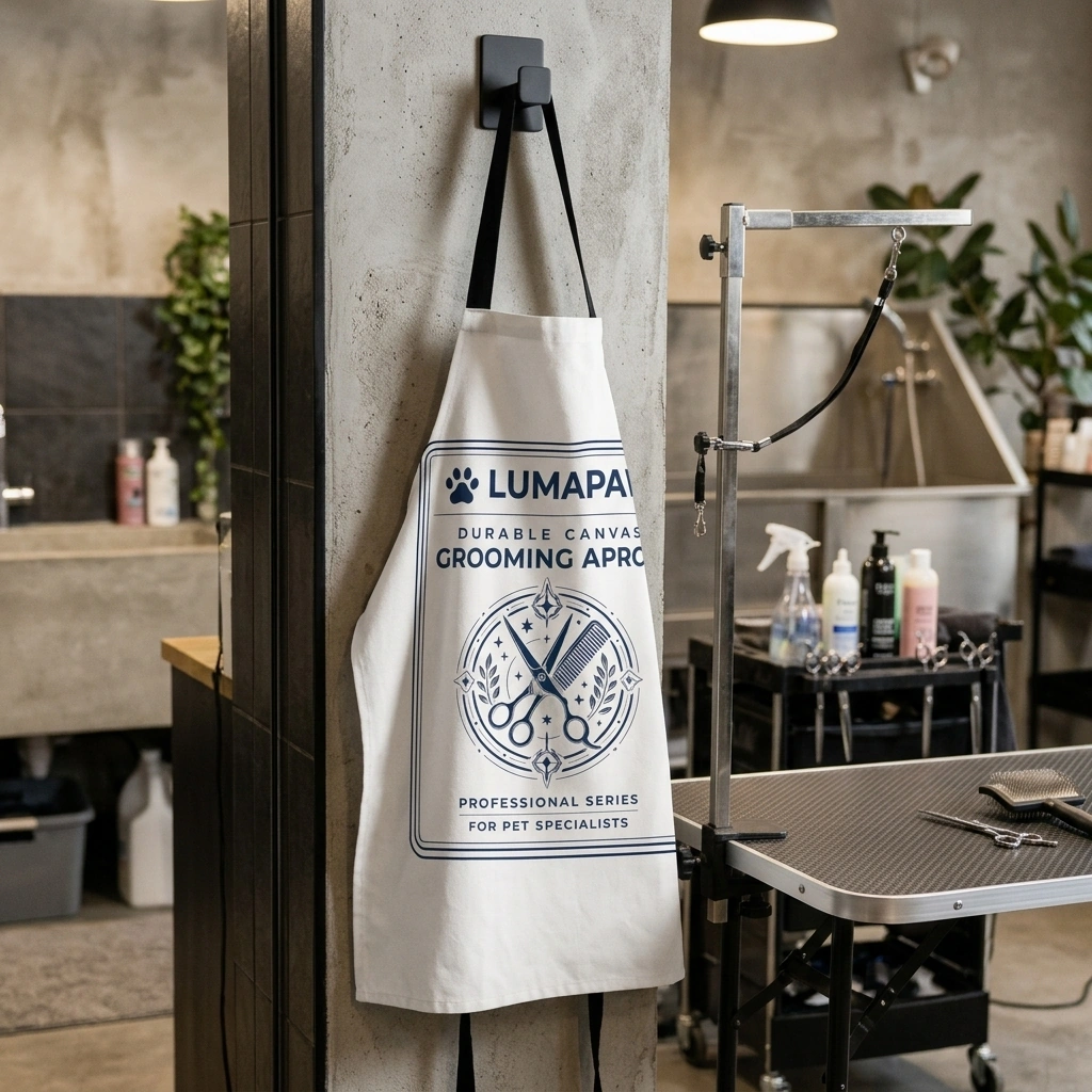 LumaPaw Canvas Grooming Apron displaying heavy utility canvas and utility pockets