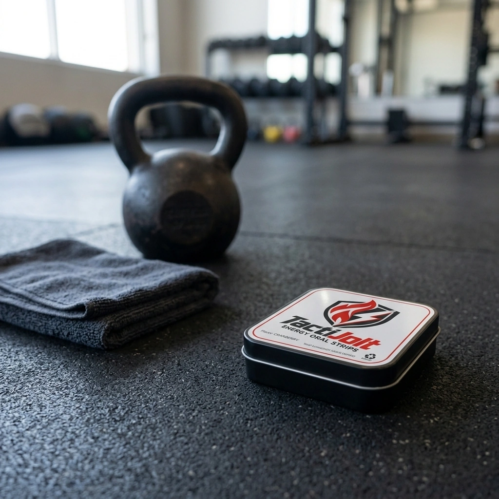 TactiJolt Energy Oral Strips tin beside a towel and kettlebell
