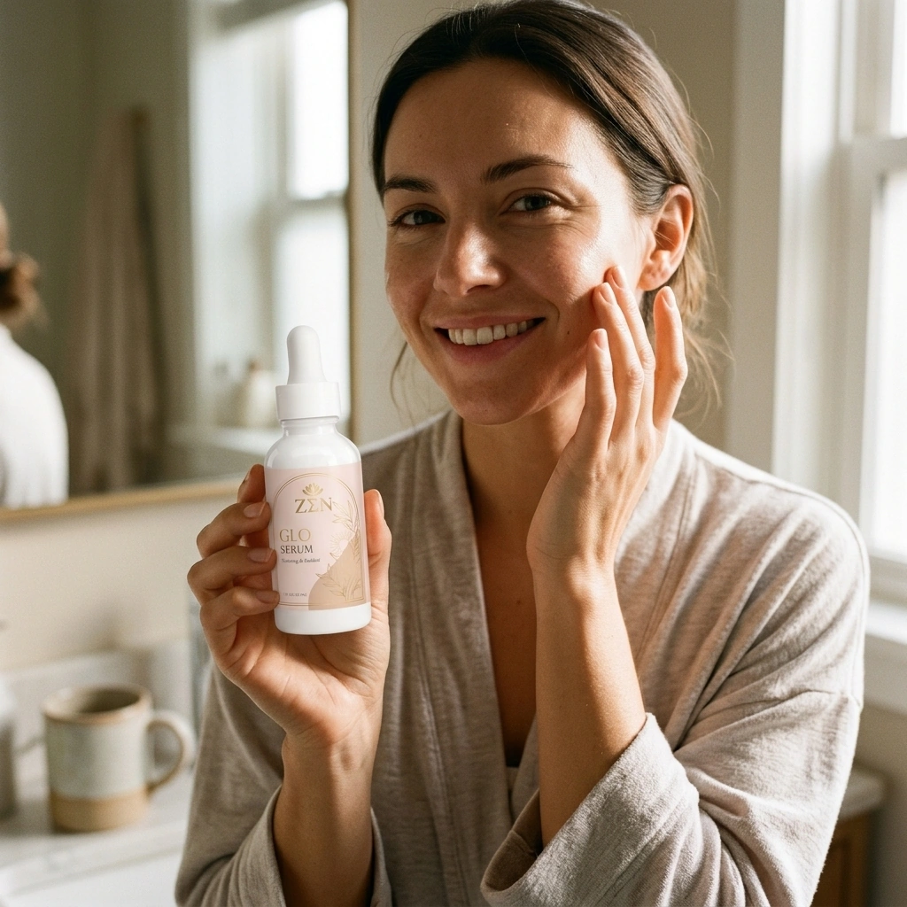 A woman pressing Glo Serum into her face